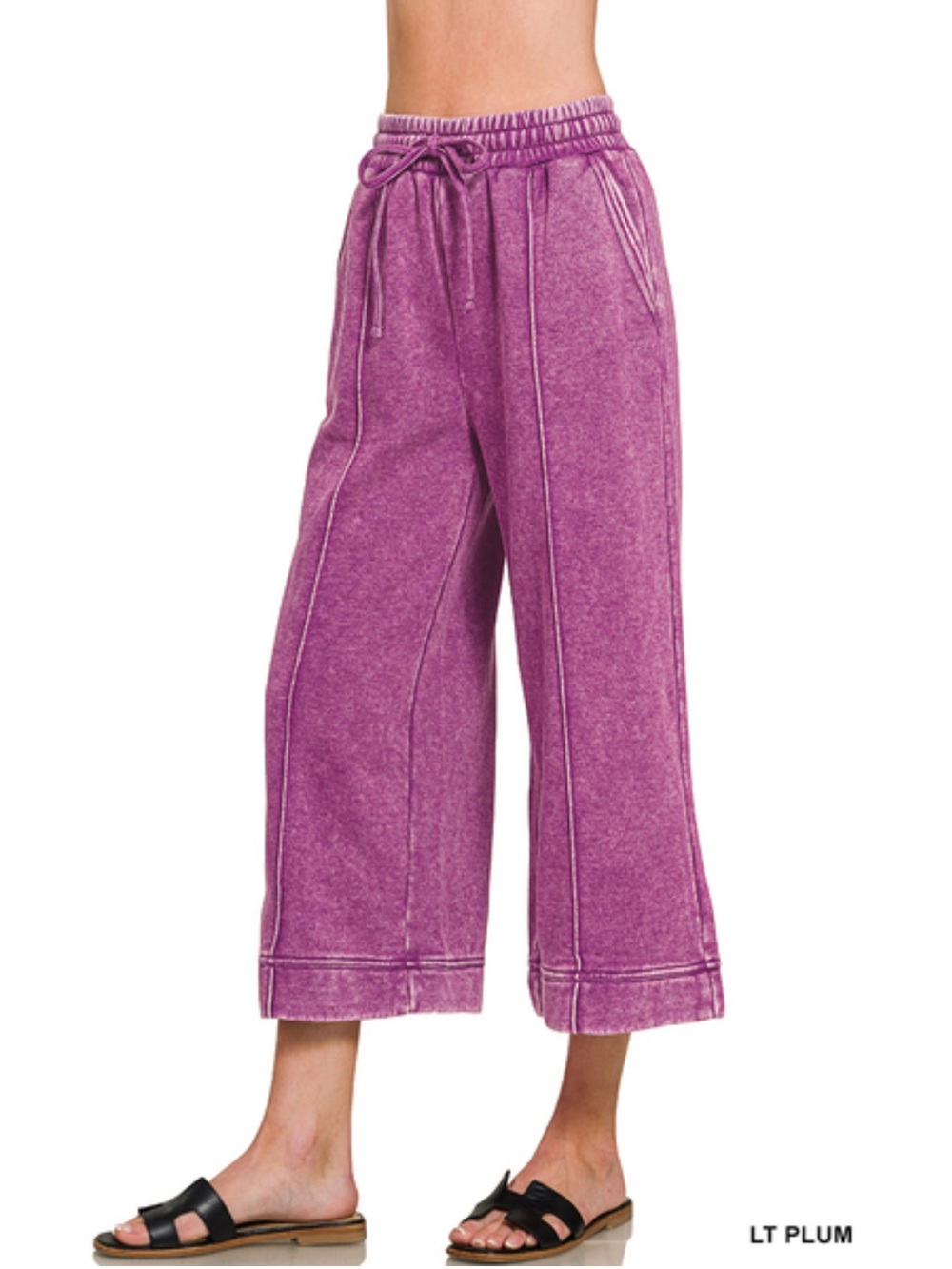 300 Zenana light plum ACID WASHED FLEECE PINTUCK WIDE LEG CROPPED
PANT